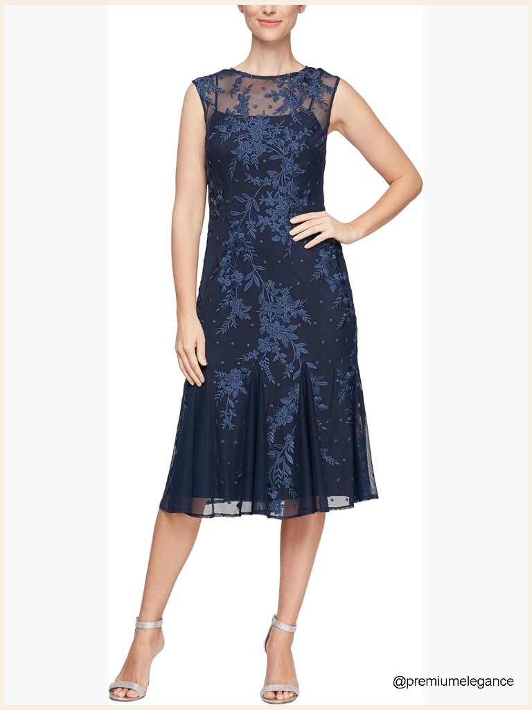 Short Embroidered Cocktail Dress Wedding Guest Midi Fit & Flare Cap Sleeve